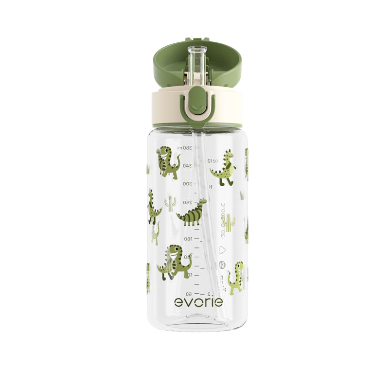 Evorie Tritan Kids Straw Water Bottle 380mL, Green Dino