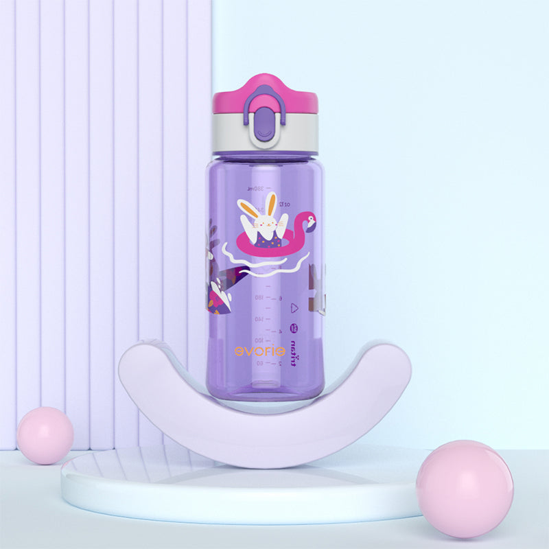 Evorie Tritan Kids Drinking Spout Water Bottle 380mL, Purple Bunny