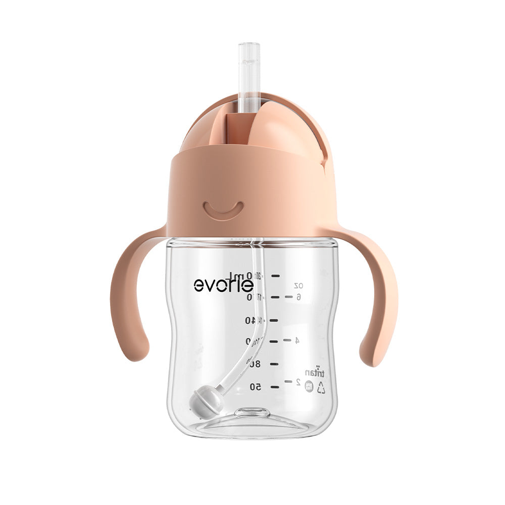 Evorie Tritan Baby 360 Straw Water Bottle Sippy Cup 200mL, Peach Pink