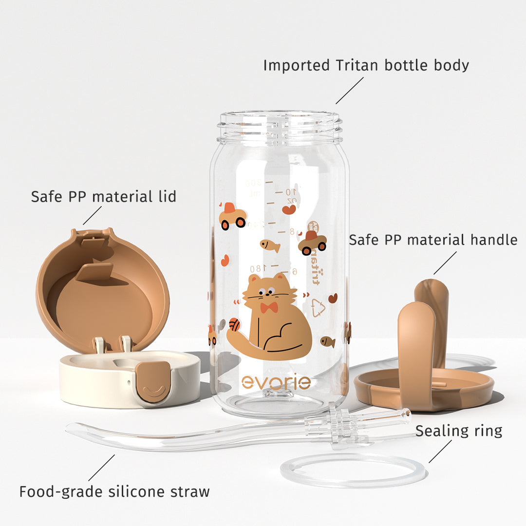 Evorie Tritan Kids Straw Water Bottle Mug 300mL, Kitty Meow