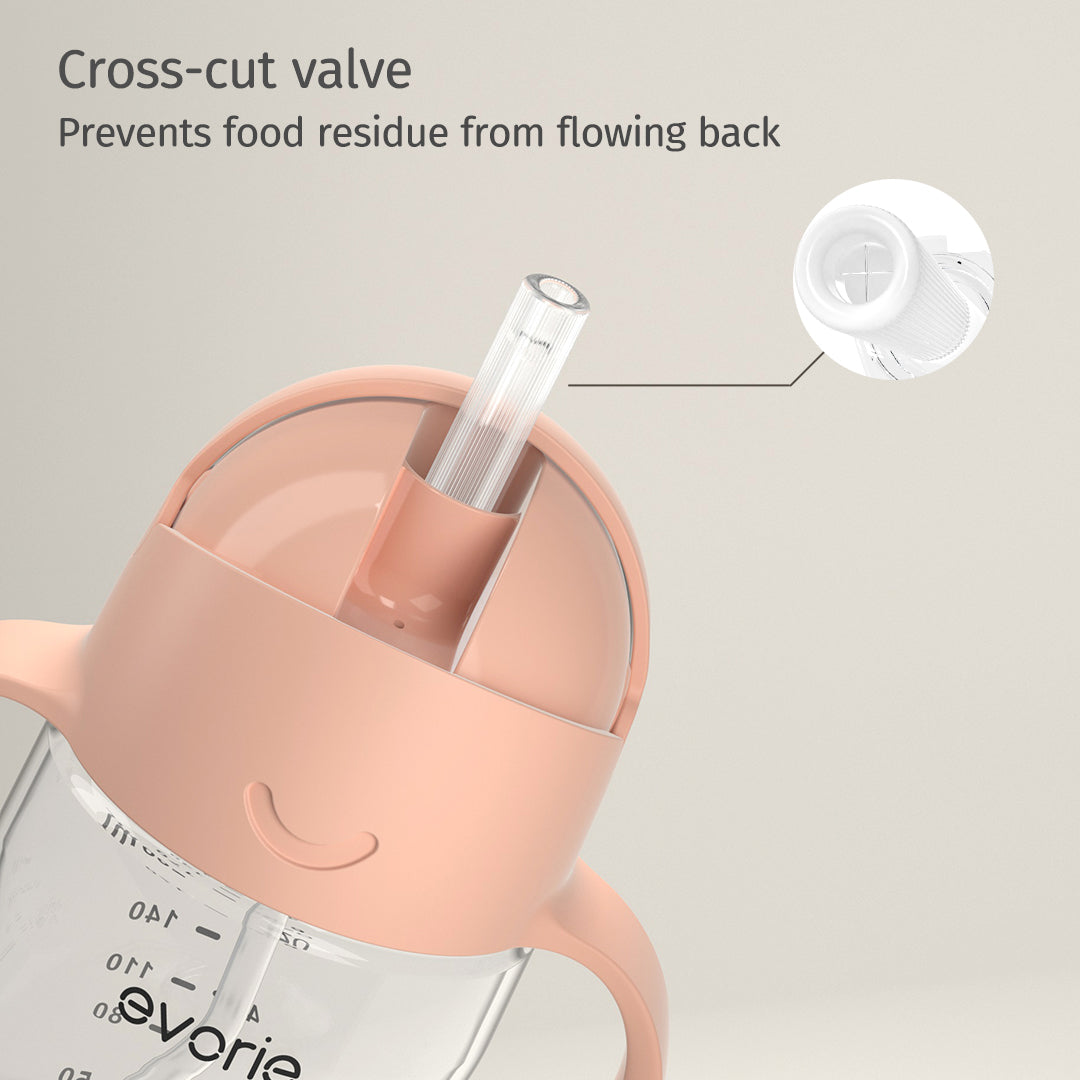 Evorie Tritan Baby 360 Straw Water Bottle Sippy Cup 200mL, Peach Pink