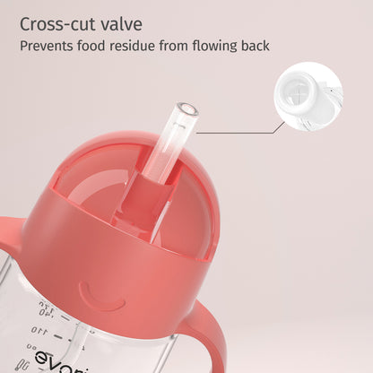Evorie Tritan Baby 360 Straw Water Bottle Sippy Cup 200mL, Coral Red