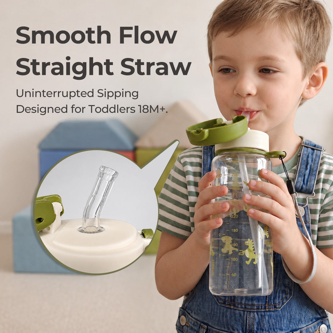 Botol Minum Anak Sedotan Evorie Tritan 380ml, Dinosaurus Hijau