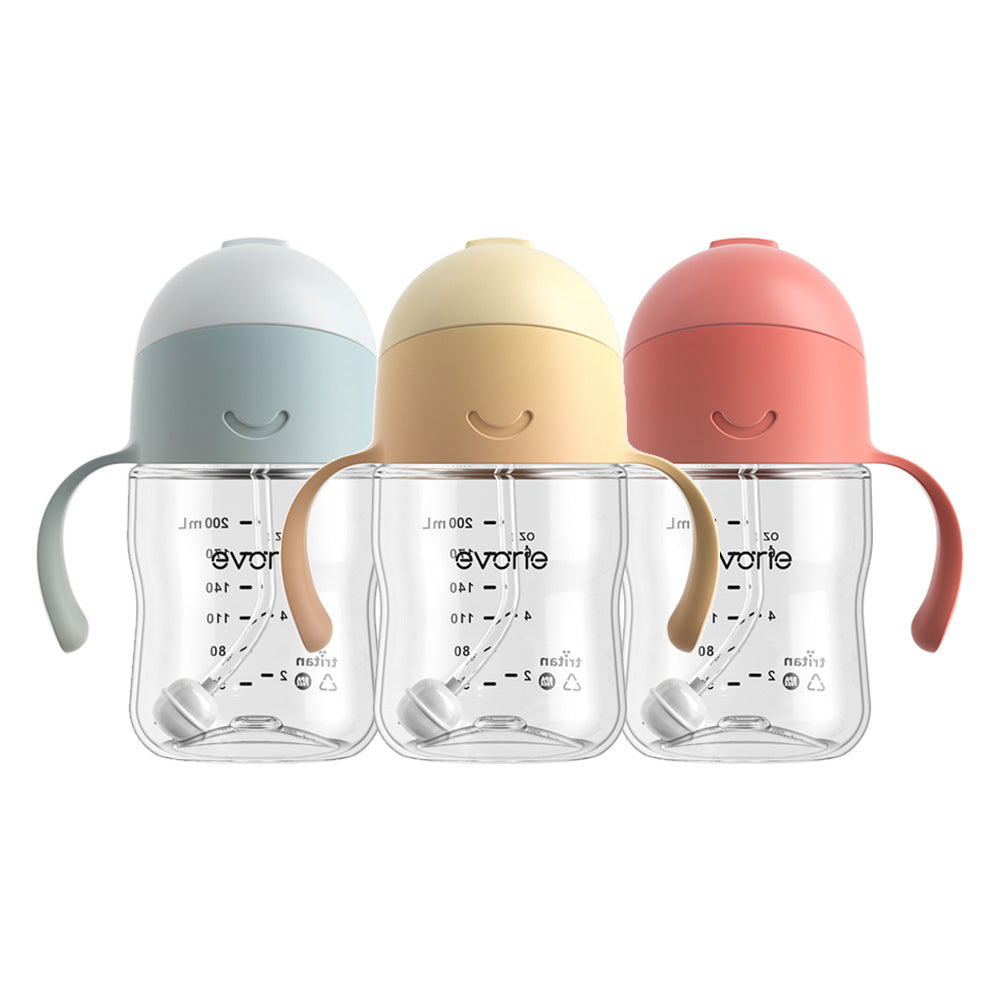Evorie Tritan Baby 360 Straw Water Bottle Sippy Cup 200mL, Coral Red