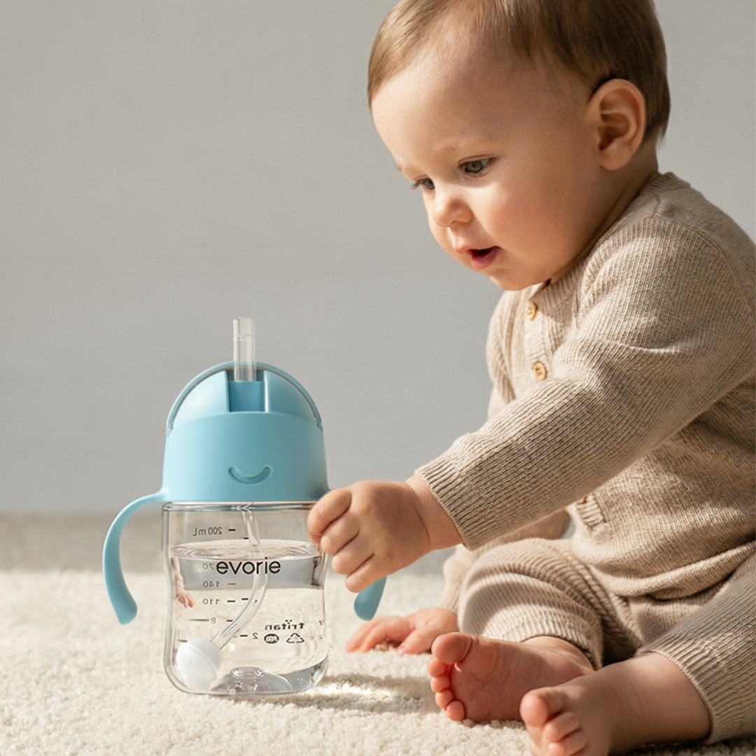 Evorie Tritan Baby 360 Straw Water Bottle Sippy Cup 200mL, Sky Blue