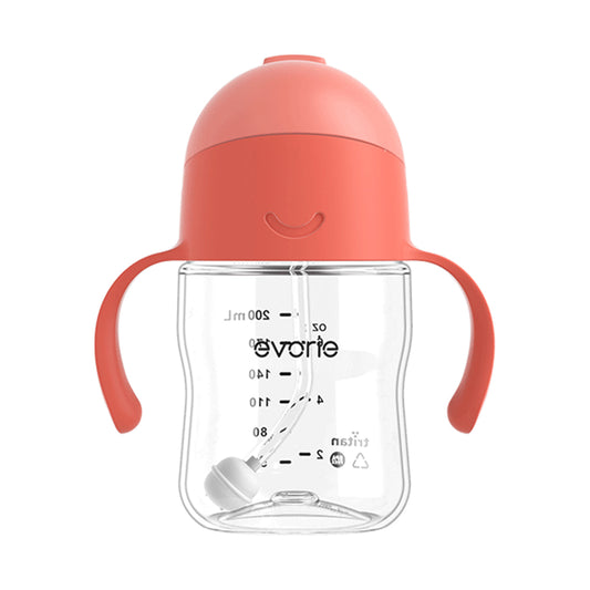 Evorie Tritan Baby 360 Straw Water Bottle Sippy Cup 200mL, Coral Red