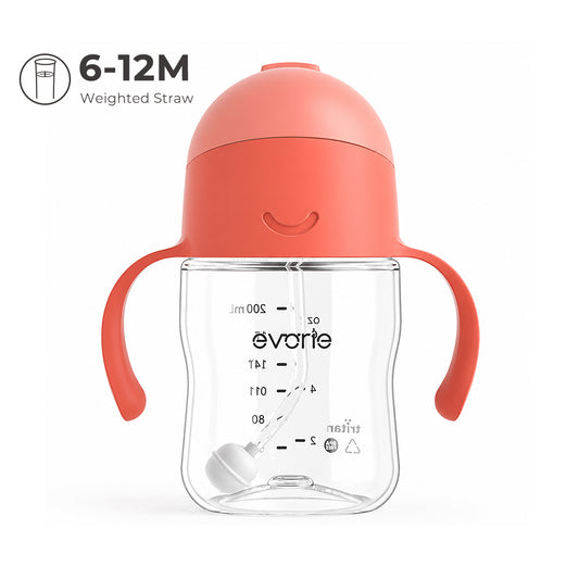 Botol Minum Sedotan Evorie Tritan Bayi 360 Cangkir Minum 200mL, Merah Coral