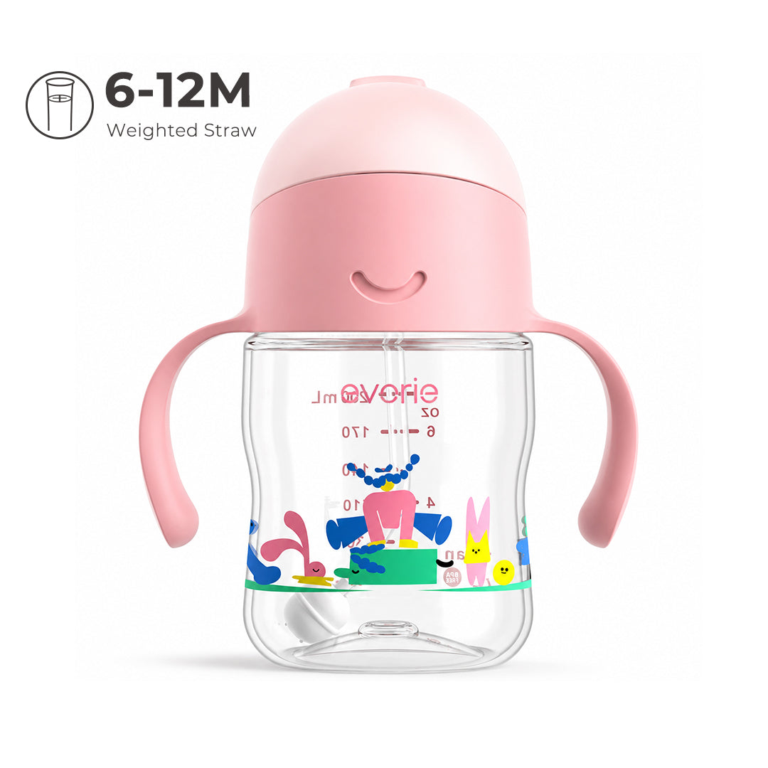 Botol Minum Sedotan Evorie Tritan Bayi 360 Gelas Sedotan 200mL, Pink Explorer