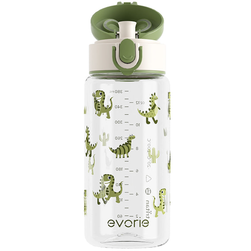 Evorie Tritan Kids Drinking Spout Water Bottle 380mL, Rex Dino
