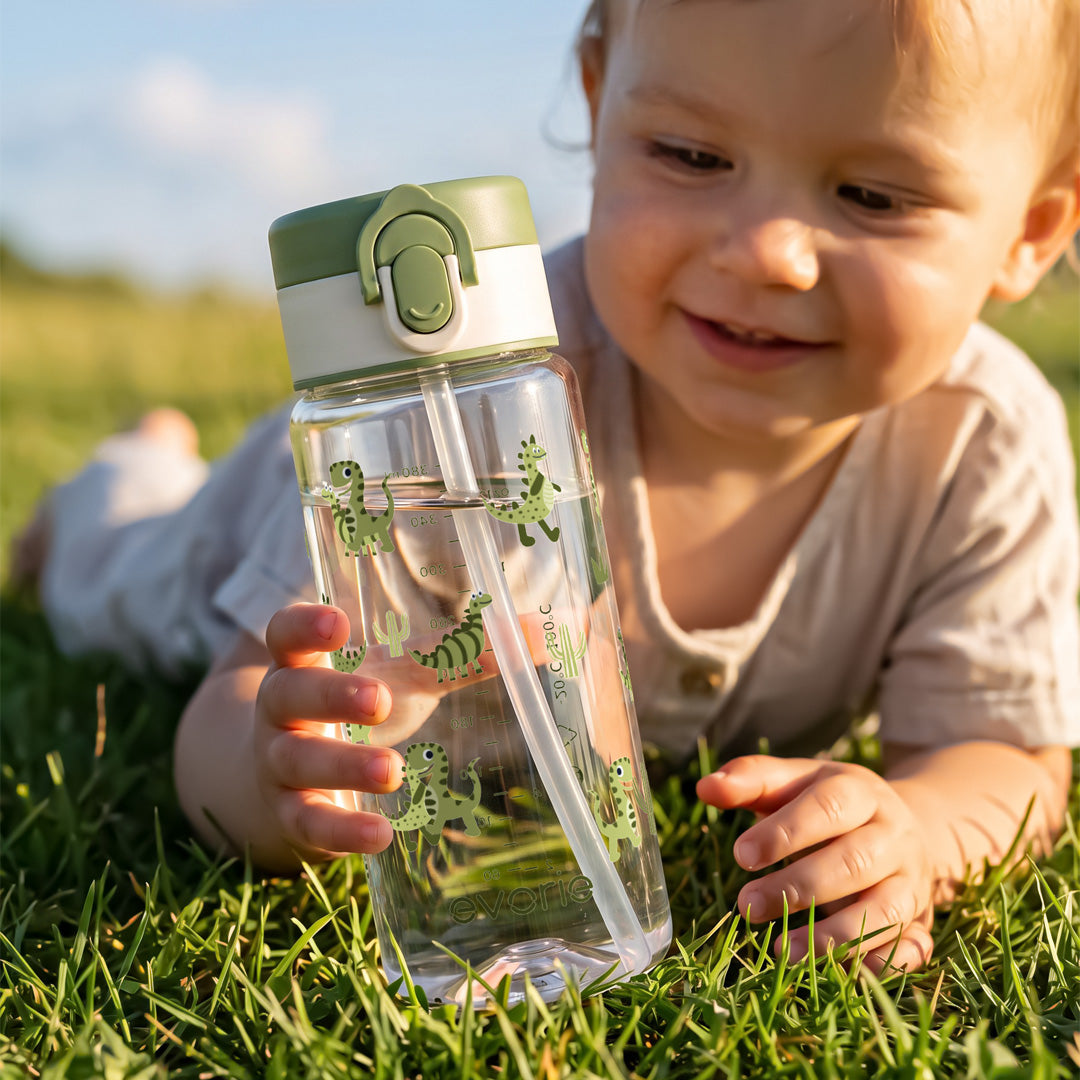 Botol Minum Anak Sedotan Evorie Tritan 380ml, Dinosaurus Hijau