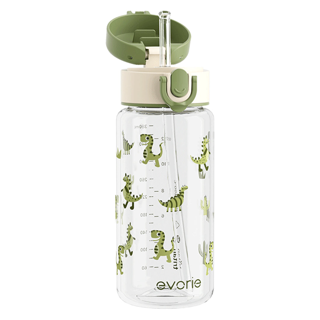 Evorie Tritan Kids Straw Water Bottle 380mL, Green Dino