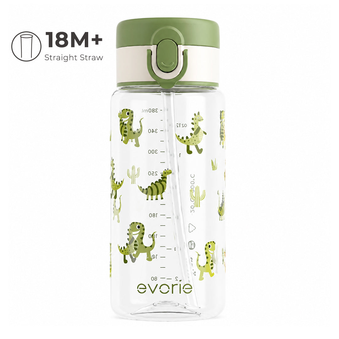 Botol Minum Anak Sedotan Evorie Tritan 380ml, Dinosaurus Hijau