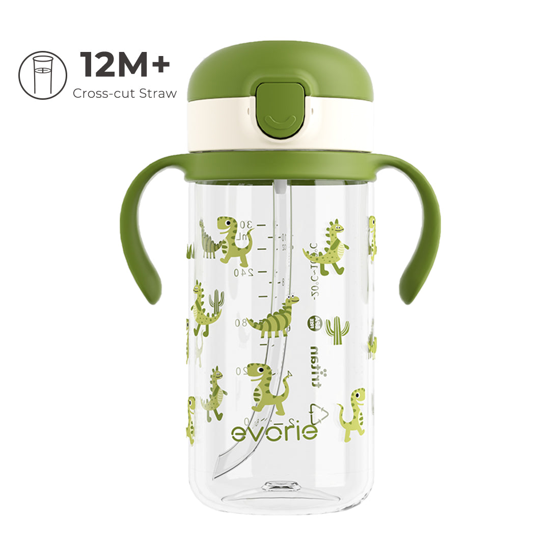 Evorie Tritan Kids Straw Water Bottle Mug 300mL, Green Dino