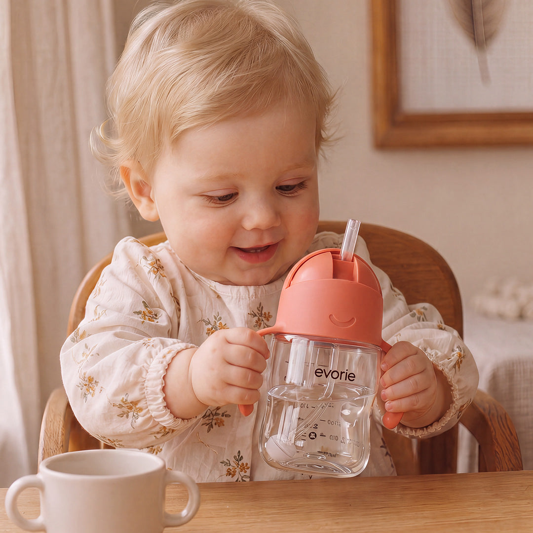Evorie Tritan Baby 360 Straw Water Bottle Sippy Cup 200mL, Coral Red
