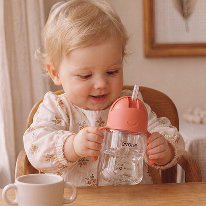Evorie Tritan Baby 360 Straw Water Bottle Sippy Cup 200mL, Coral Red