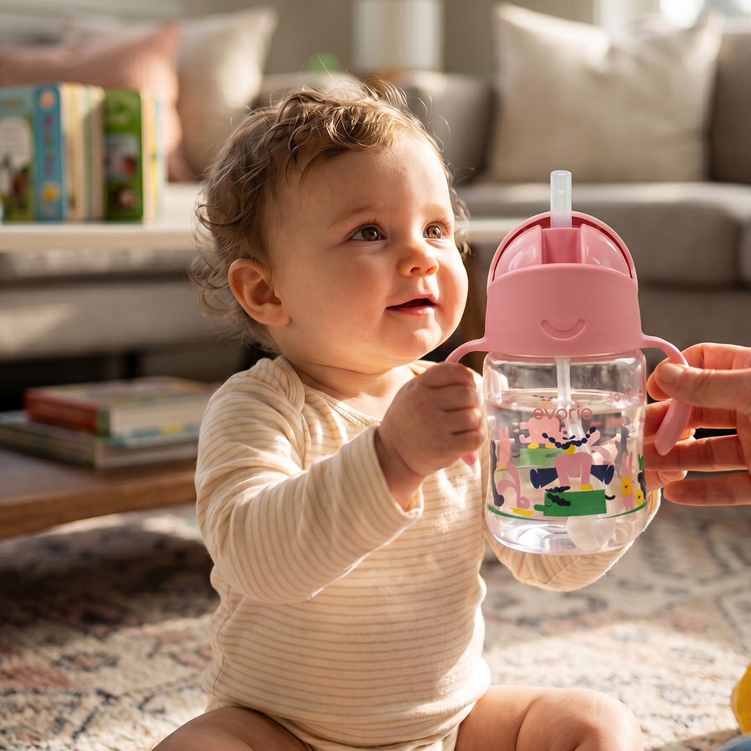 Botol Minum Sedotan Evorie Tritan Bayi 360 Gelas Sedotan 200mL, Pink Explorer