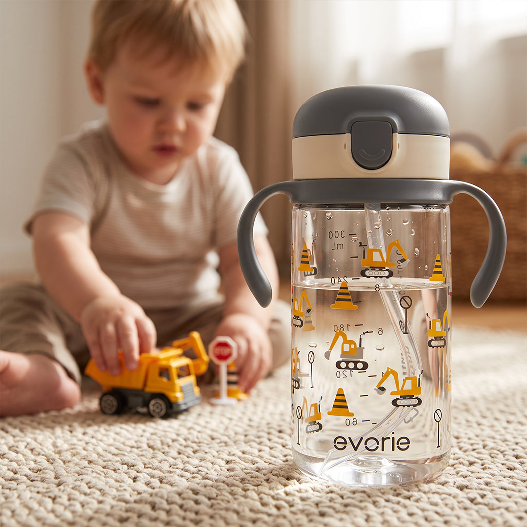 Botol Air Sedotan Anak Evorie Tritan 300mL, Construction Crew (BARU)