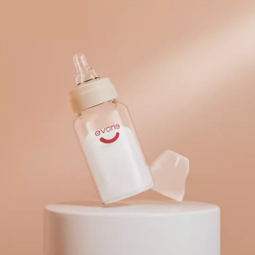 [Free gift] Evorie Borosilicate Glass Newborn Baby Milk Feeding Bottle with Soft Silicone Nipple and narrow neck, 120mL