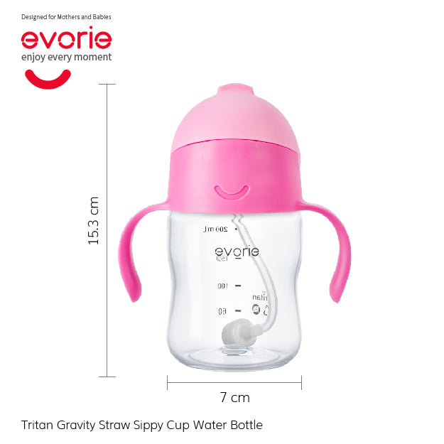 Evorie Tritan Baby 360 Straw Water Bottle Sippy Cup 200mL, Strawberry